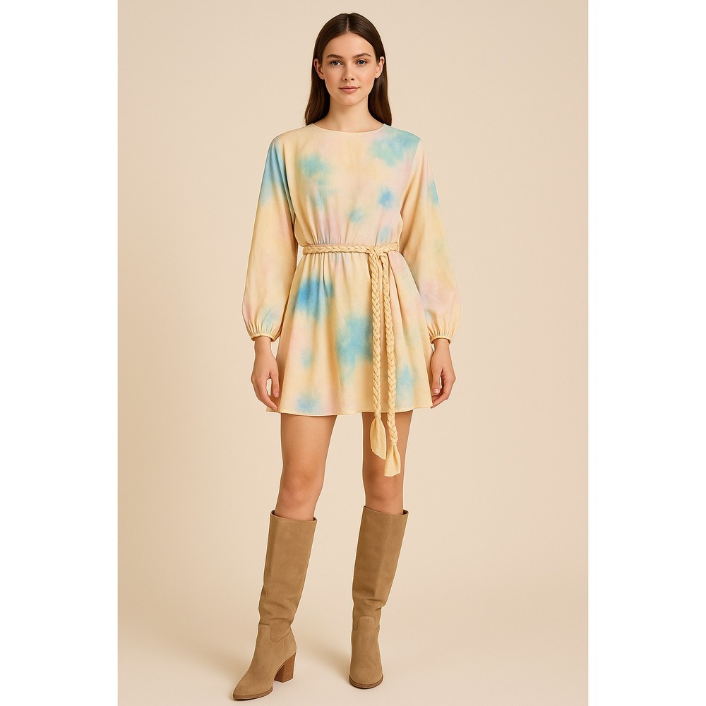 Pastel Tie-Dye Boho Mini Dress Long Sleeve Braided Belt Festival Size Small